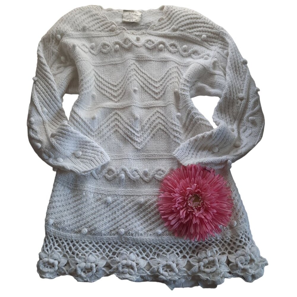 Vintage Express Hand Knit 1980s Floral Crochet Hem sweater - Picture 1 of 11